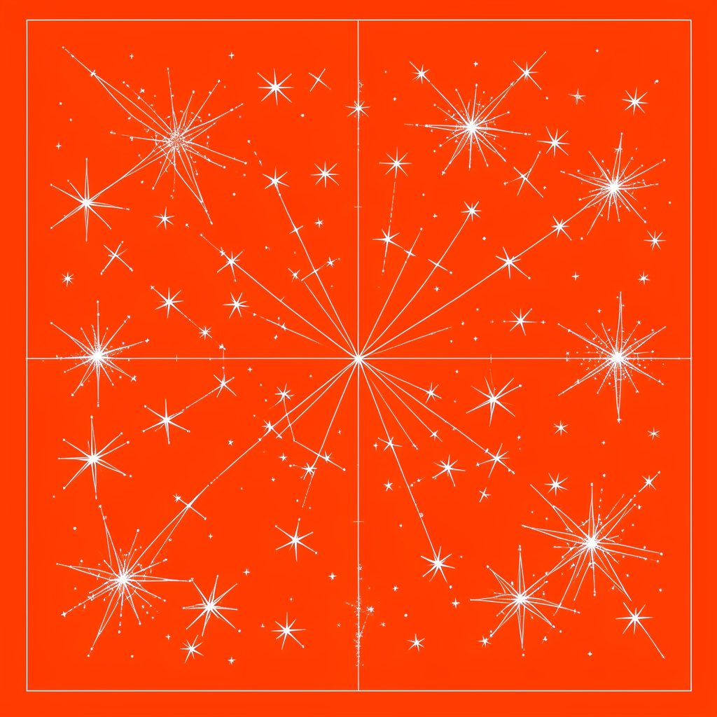 A dark navy backdrop with glowing amber star-like points scattered across it, evoking a curious nighttime mood